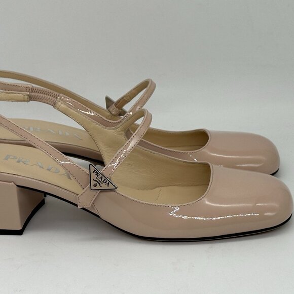 PRADA Decolette Logo Patent Leather Slingback Mary Jane Pumps Heel Sandals - Picture 8 of 15